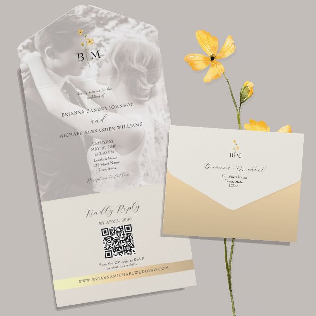 Invitación Todo En Uno QR Code Ivory Gold Photo Wedding (Subido por el creador)