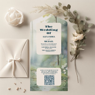 Invitación Todo En Uno QR Code Mountain Forest Elegant Rustic Boda