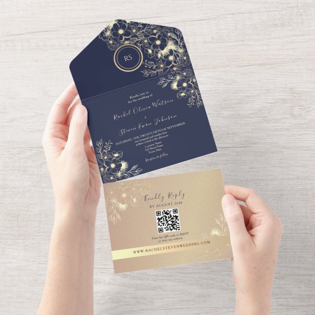 Invitación Todo En Uno QR Code Navy Rose Gold Wedding (desgarro)