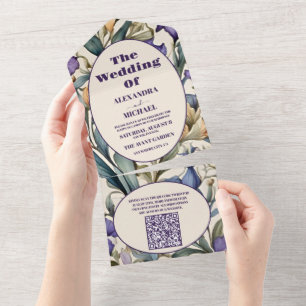 Invitación Todo En Uno QR Code Purple Iris Art Nouveau Boda