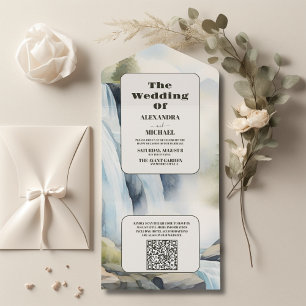 Invitación Todo En Uno QR Code Rustic Mountain Waterfall Boho Boda