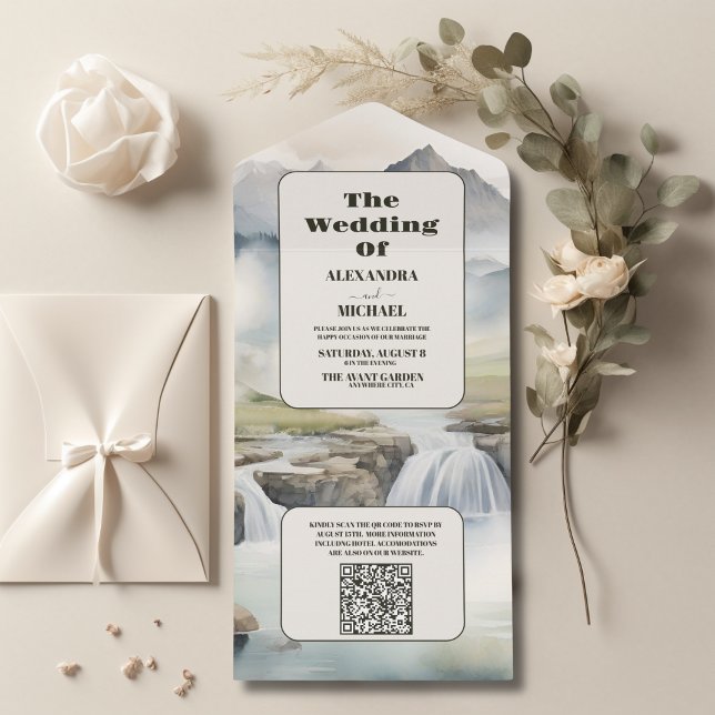 Invitación Todo En Uno QR Code Rustic Mountain Waterfall Boho Boda (Subido por el creador)