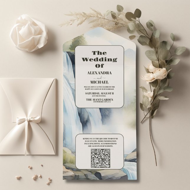Invitación Todo En Uno QR Code Rustic Mountain Waterfall Boho Boda (Subido por el creador)