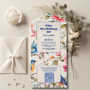 Invitación Todo En Uno QR Code Watercolor Birds Peony Chinoiserie Garden