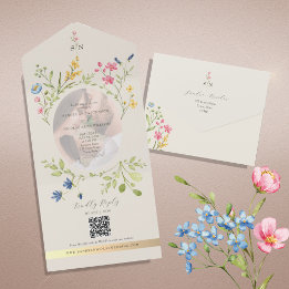 Invitación Todo En Uno QR Code Wildflower Photo Wedding