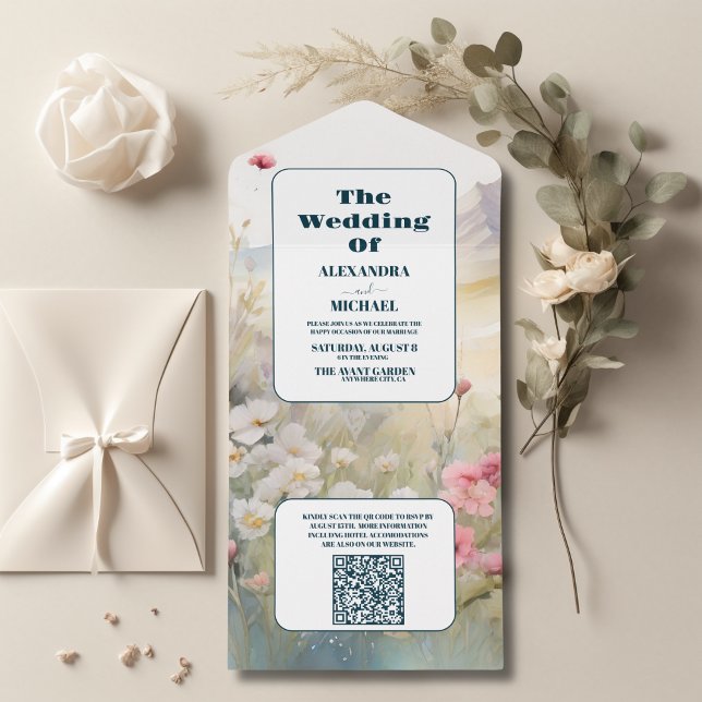 Invitación Todo En Uno QR Código Acuarela Floral Spring Mountains Boda (Subido por el creador)