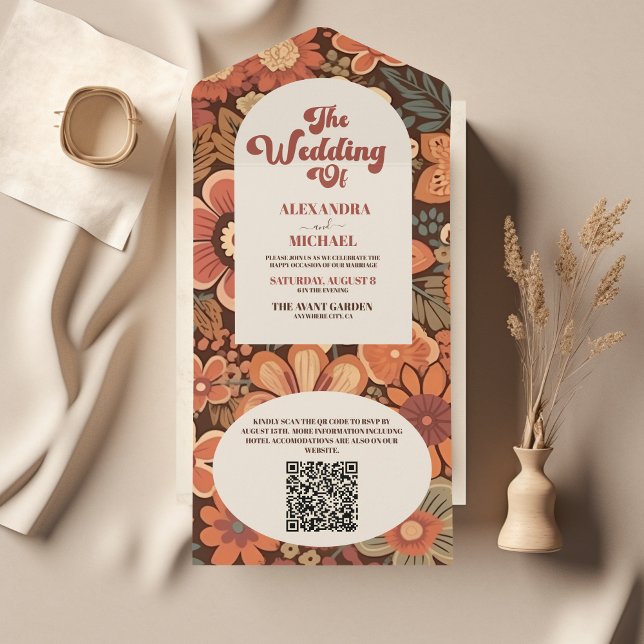 Invitación Todo En Uno QR Código Arch Groovy Retro Boda Floral 70 (Subido por el creador)