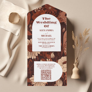 Invitación Todo En Uno QR Código Burgundy Wildflowers Boda