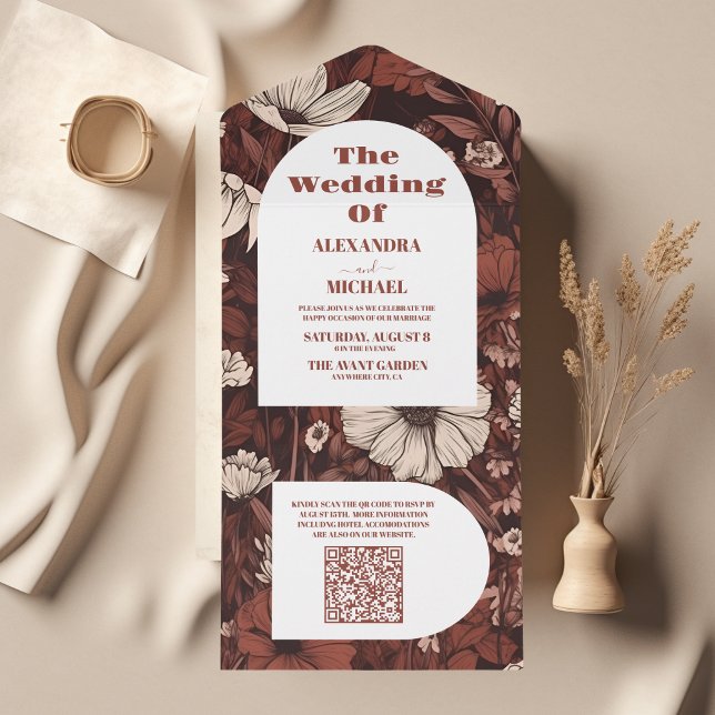 Invitación Todo En Uno QR Código Burgundy Wildflowers Boda (Subido por el creador)