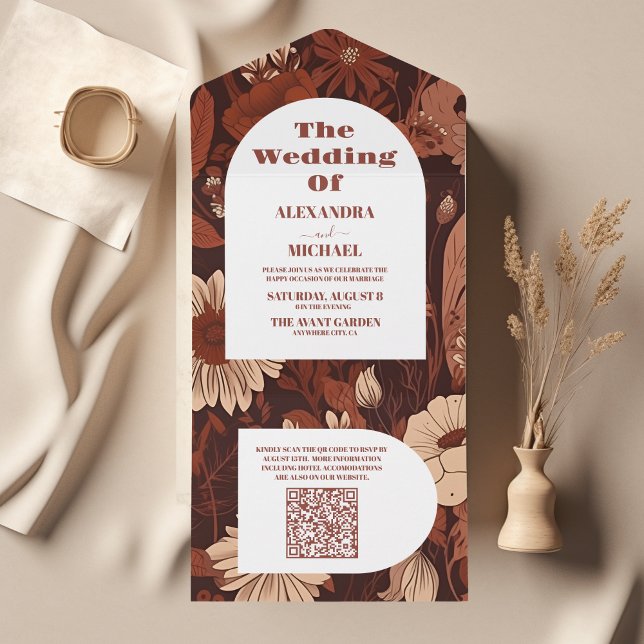 Invitación Todo En Uno QR Código Burgundy Wildflowers Boda (Subido por el creador)