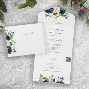 Invitación Todo En Uno QR CÓDIGO marina rosa rubor elegante boda floral