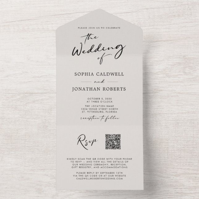 Invitación Todo En Uno QR Código RSVP Calligraphy Elegant Eggshell Boda (Interior)