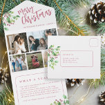Invitación Todo En Uno Qué carta de un año de Navidades folclóricos botán<br><div class="desc">Moderno y elegante guión de caligrafía manuscrita de Feliz Navidad escrito a mano con 5 collage de fotos de familia triple año en revisión de tarjeta de vacaciones con tu personalizado texto personalizado en ambos lados con ramas de color de agua verde de follaje botánico con bayas sagradas.</div>
