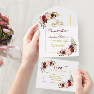 Invitación Todo En Uno Quinceanera acuarela Borgoña Floral Crown de oro