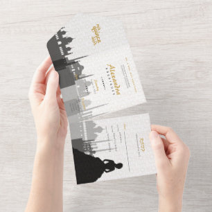 Invitación Todo En Uno Quinceañera árabe negro y oro