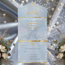 Invitación Todo En Uno Quinceañera Borde Vintage de Oro - Azul Pastel