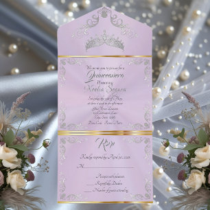 Invitación Todo En Uno Quinceañera de Borde Vintage Plateado - Lavanda