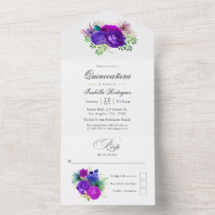 Invitación Todo En Uno Quinceañera Floral Acuarela de Mardi Gras