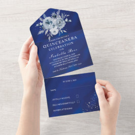 Invitación Todo En Uno Quinceañera Floral Azul Real y Plata