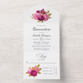 Invitación Todo En Uno Quinceañera floral de color rosa caliente y dorado