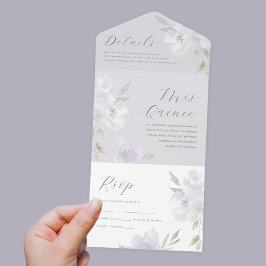 Invitación Todo En Uno Quinceanera floral púrpura de bonito 15 años