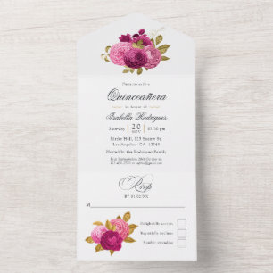 Invitación Todo En Uno Quinceañera floral rosa intenso y dorado
