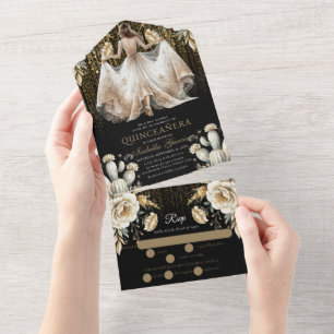 Invitación Todo En Uno Quinceañera Lujo Negro Marfil y Dorado rsvp