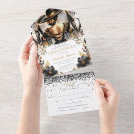 Invitación Todo En Uno Quinceañera Luxury Black Gold Mexicano Style rsvp