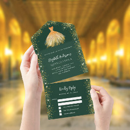 Invitación Todo En Uno Quinceanera purpurina de vestido de oro verde esme