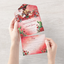 Invitación Todo En Uno Quinceañera Red Green Estilo Mexicano Rsvp