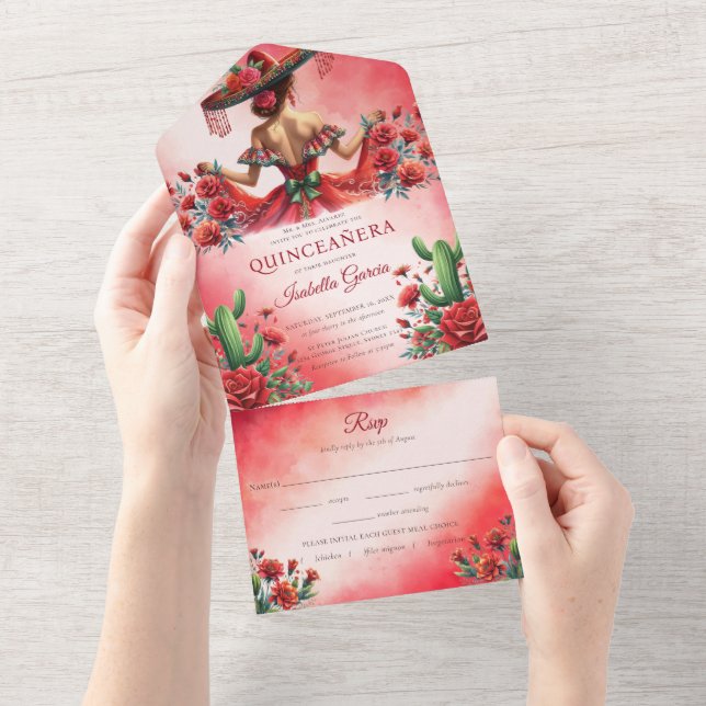 Invitación Todo En Uno Quinceañera Red Green Estilo Mexicano Rsvp (desgarro)