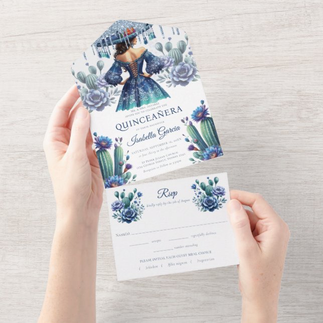 Invitación Todo En Uno Quinceañera Royal Blue Mexican Style rsvp (desgarro)