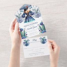 Invitación Todo En Uno Quinceañera Royal Blue Mexican Style rsvp