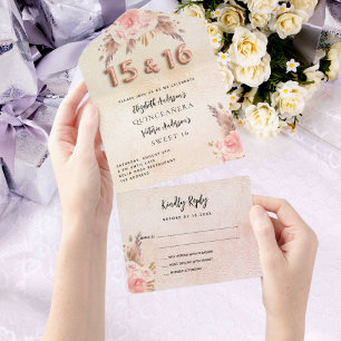 Invitación Todo En Uno Quinceanera Sweet 16 pampas florales subió rosadas
