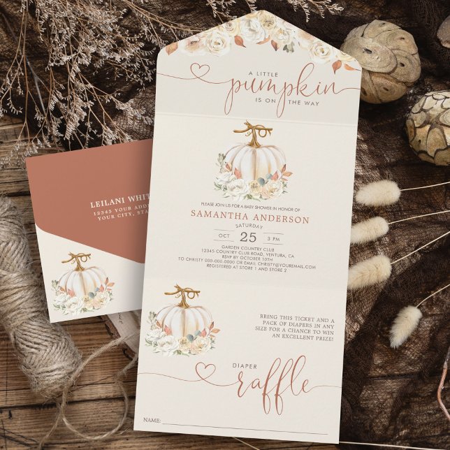 Invitación Todo En Uno Raffle de pañal de calabaza para otoño (Rustic Little Pumpkin on the way all in one invitation with diaper raffle attached baby shower.)