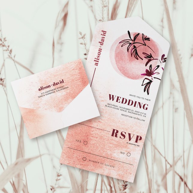 Invitación Todo En Uno Rama de acuarela y luna boda japonés (Subido por el creador)