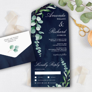 Invitación Todo En Uno Rama de Eucalipto Follaje Azul Marino Boda