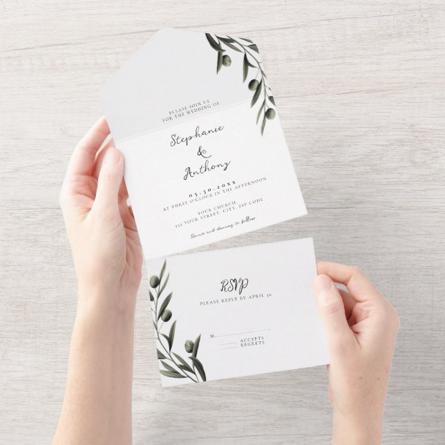 Invitación Todo En Uno Rama de oliva botánica deja Boda italiano (desgarro)