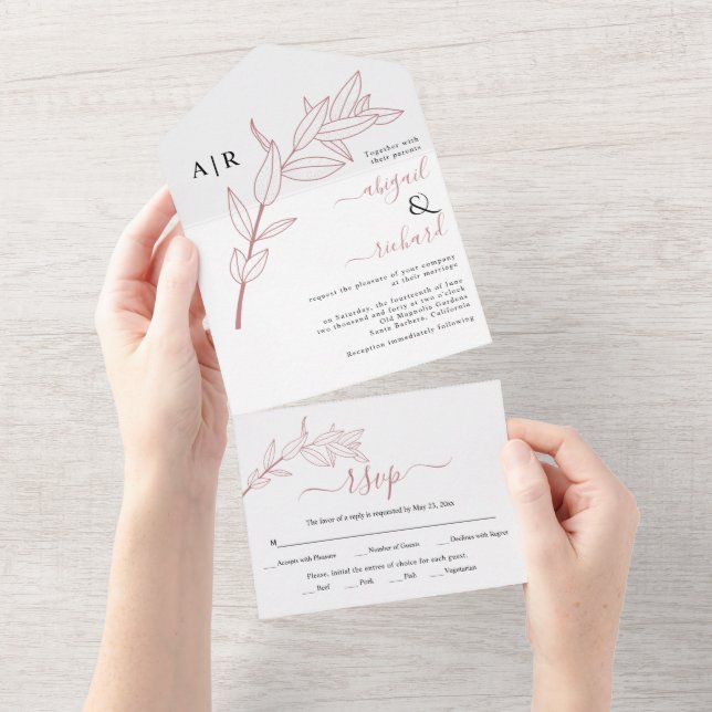 Invitación Todo En Uno Rama de rosa con hojas de casamiento (desgarro)