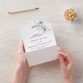 Invitación Todo En Uno ramo de flores de acuarela azul polvoriento rústic