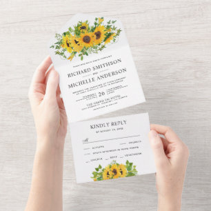 Invitación Todo En Uno Ramo de girasoles de campo rústico para boda flora