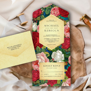 Invitación Todo En Uno Ramo de rosas rojas románticas rústicas vintage pa