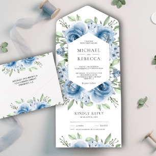 Invitación Todo En Uno Ramo Floral Azul Polvoriento Moderno para Boda con