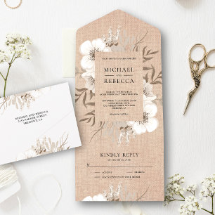 Invitación Todo En Uno Ramo Floral Boho de Arpillera Rústica Marfil Boda