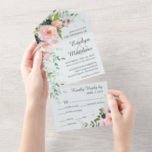 Invitación Todo En Uno Ramo Floral Rosa Claro en Boda de Azul Claro (desgarro)