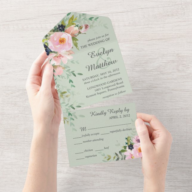 Invitación Todo En Uno Ramo Floral Rosa Claro en Boda Verde Salvia  (desgarro)