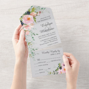Invitación Todo En Uno Ramo Floral Rosa Elegante en Boda Gris