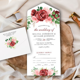 Invitación Todo En Uno Ramo Floral Rosa Sonrojo y Rojo Burdeos Boda