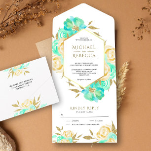 Invitación Todo En Uno Ramo Floral Verde Menta y Marfil Dorado Boda