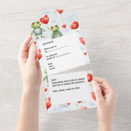 Invitación Todo En Uno Rana caprichosa con globos de corazón rojo